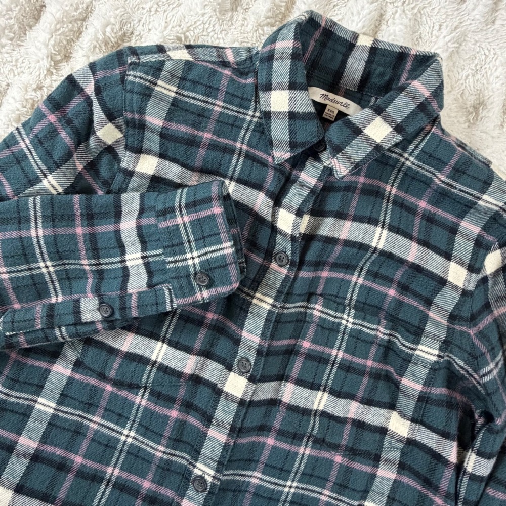 Madewell Teal Green Pink Plaid Flannel Button Down Shirt XXS High Low Hem